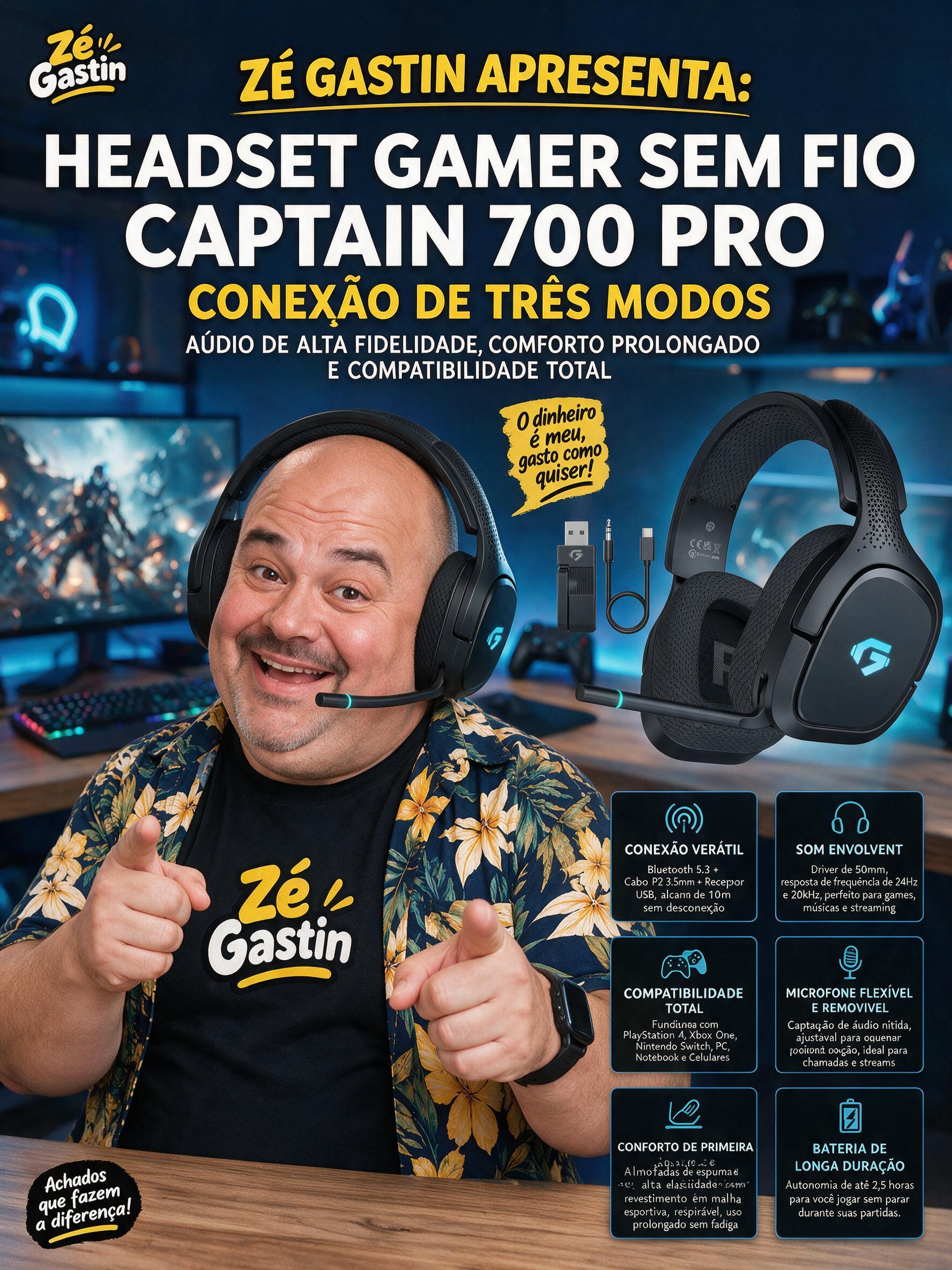 Fone De Ouvido Headset Gamer Sem Fio Olafvi Captain 700 Pro Over-ear Microfone Cancelamento Ruído Pc Videogame